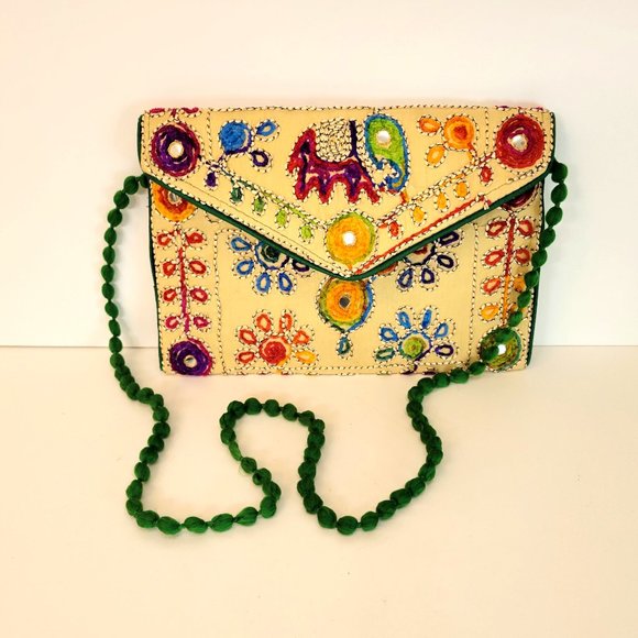 Multicolored Embroidered Boho Purse with Flowers and Elephant - Picture 1 of 6